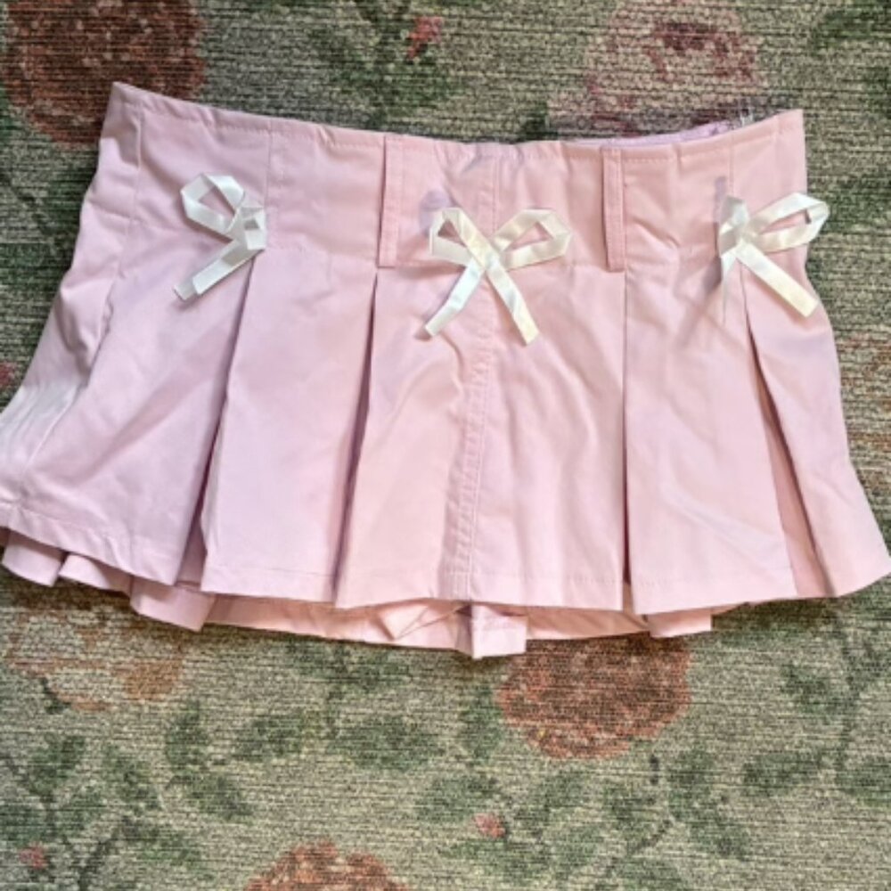 Baby Pink Micro Pleated Skirt With White Bows XS